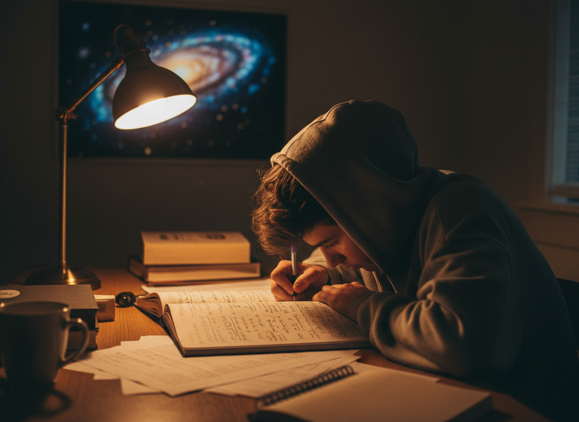 Moody, cinematic photograph of a student leaning over a notebook covered in physics equations and philosophical notes, lit by a warm desk lamp with a faint galaxy poster in the background
