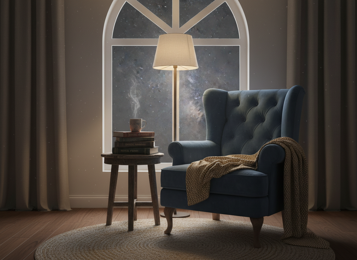 Soft, atmospheric image of a quiet reading corner with stacked books on cosmology and ethics, a steaming mug, and a large window showing a night sky with stars