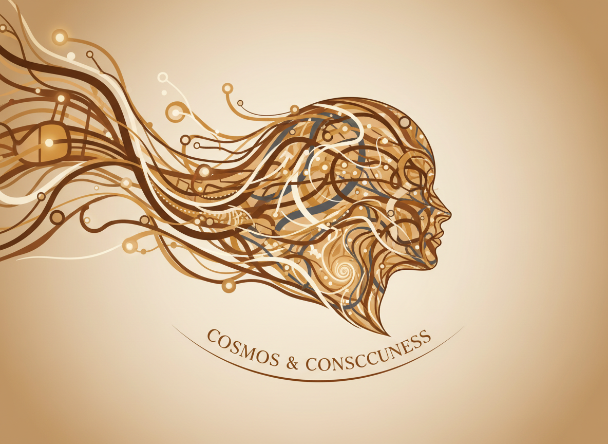 Clean, modern illustration of a stylized spacetime diagram morphing into a human silhouette, symbolizing the connection between cosmology and human meaning, using warm browns and soft neutrals